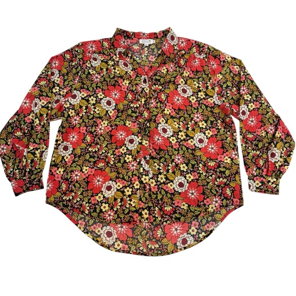 Molly Bracken Tops - Molly Bracken Button Down Blouse Green Red Floral Print Puff Sleeve Boho